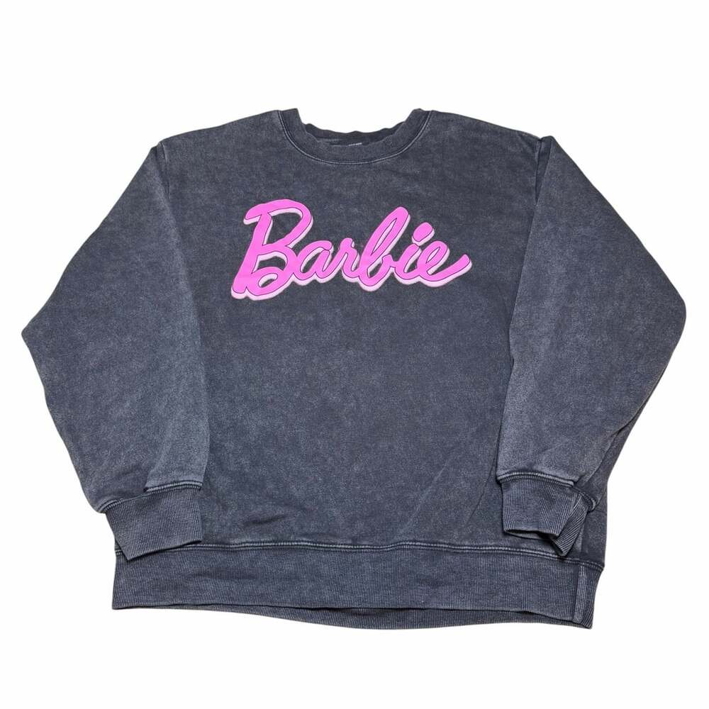 Barbie Sweatshirt Size L Dark Gray Mineral Wash Pink Logo Crewneck